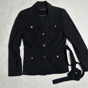 White House Black Market Black Utility Blazer Jacket Size 6 Silver Buttons Belt